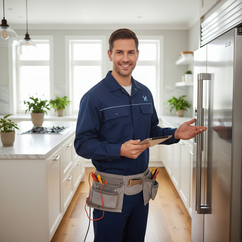 Smiling appliance repair technician standing in a modern kitchen