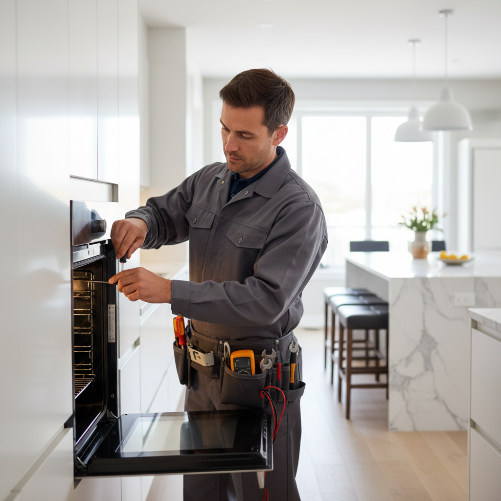 Technician repairing a built-in oven in a bright modern kitchen